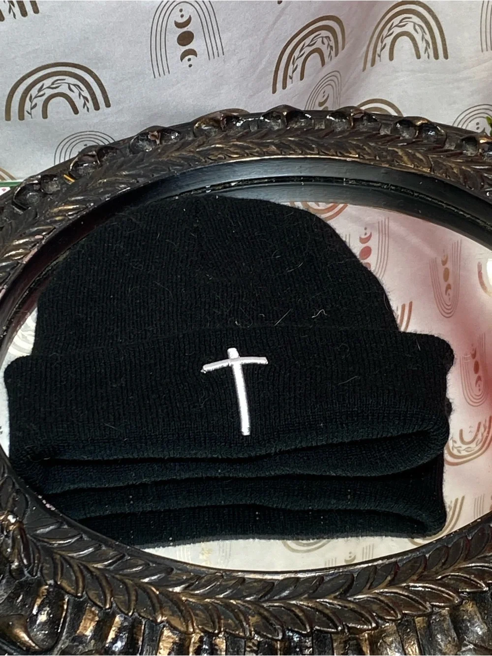 Black Kids Beanie Hat with White Cross Embroidery
